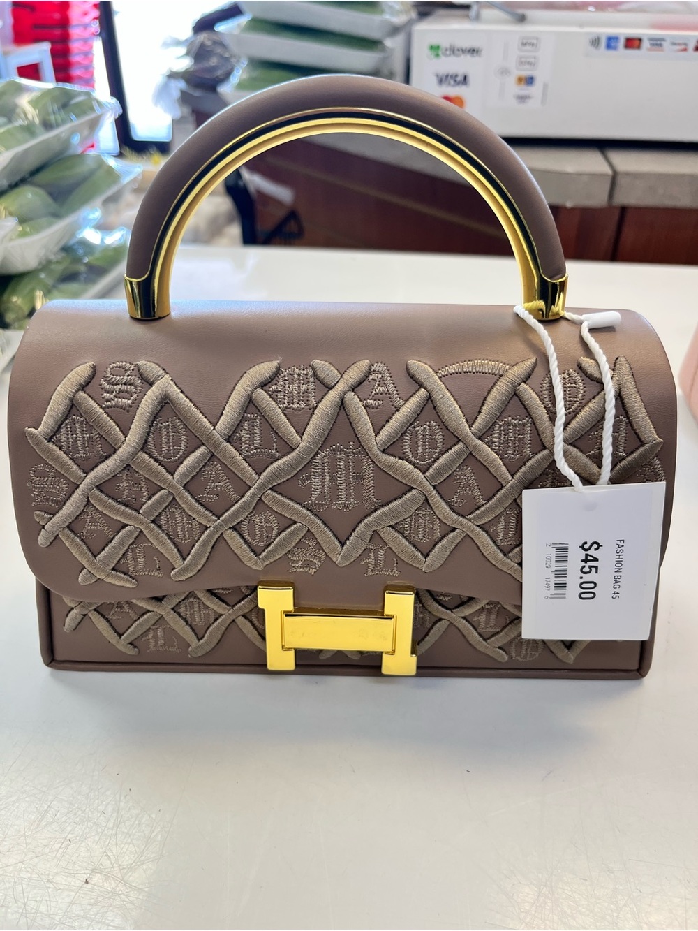 BRAND NEW❣️Taupe Embroidered Top-Handle Satchel with Gold Hardware